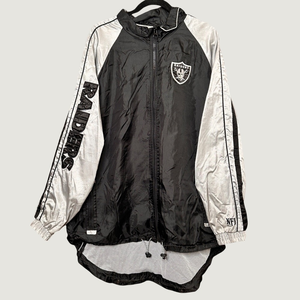 VTG NFL Raiders Windbreaker Jacket Black Silver Full Zip Mesh Lined Mens Large